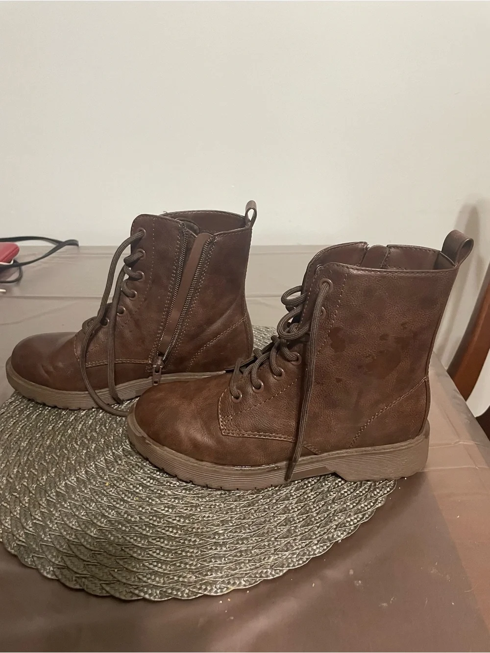 wonder nation Brown Lace-Up Side-Zip Kids Combat Boots